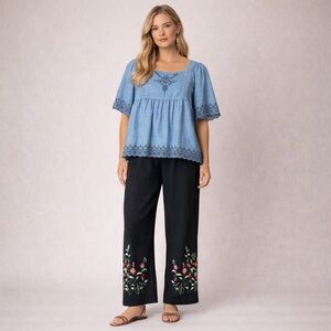 18. Chambray Boho Floral Embroidery Pants